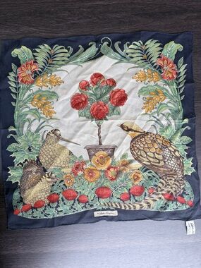 SALVATORE FERRAGAMO & Bird Silk Scarf with Red Rose (AUTHENTIC)